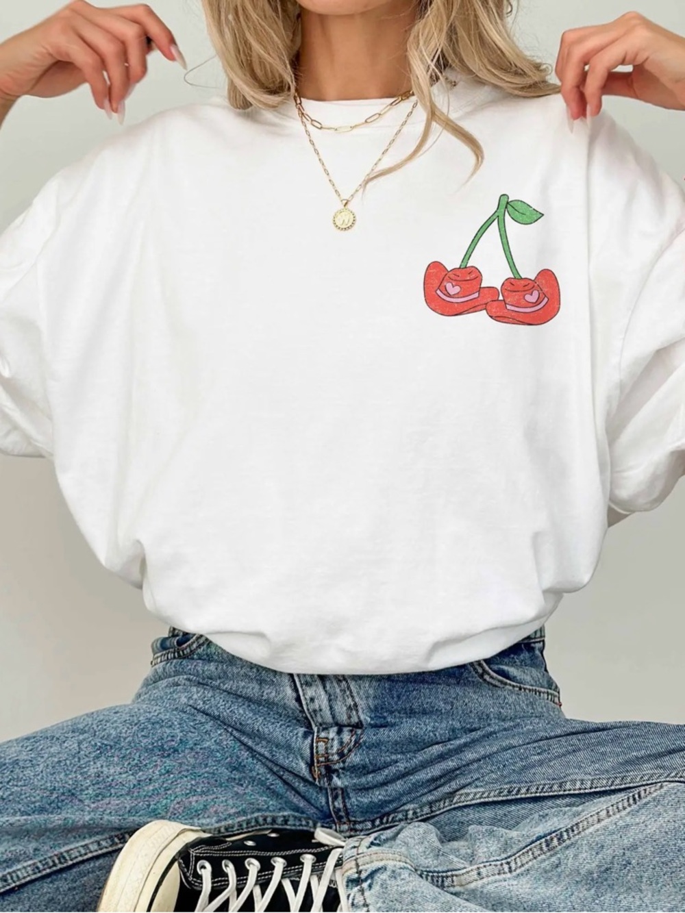 White Tee with Red Cherry Graphic Super Mrkt